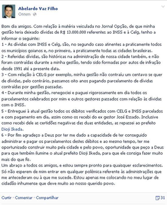 Ex-Prefeito contesta dados sobre dÃvida da Prefeitura de Inhumas Ex-Prefeito contesta dados sobre dÃvida da Prefeitura de Inhumas