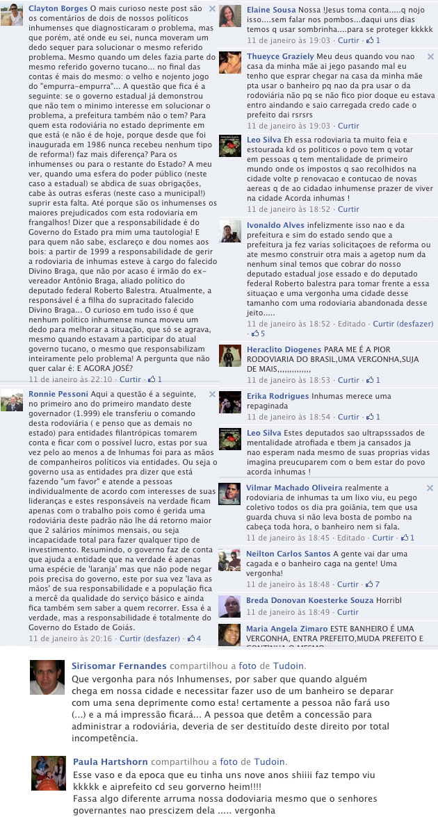 Relatos deixados na pagina do TUDOIN no Facebook